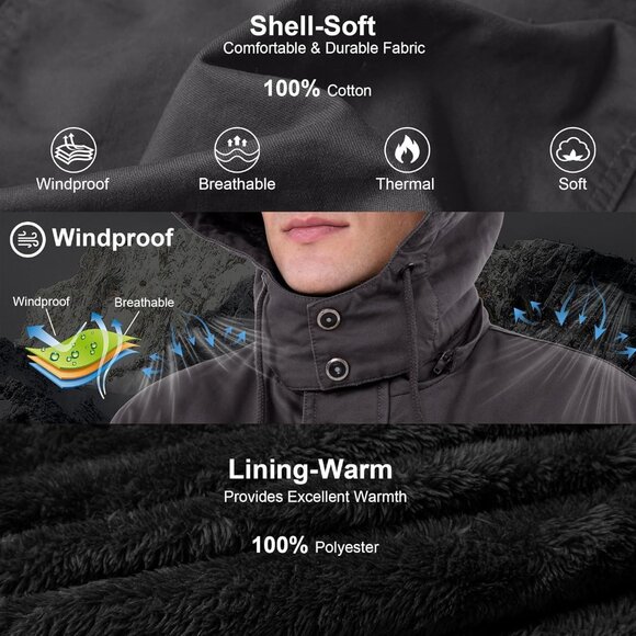 Mens Gray Thick Winter Jacket Hooded Fleece Lined Cotton Military Coat - Picture 3 of 6